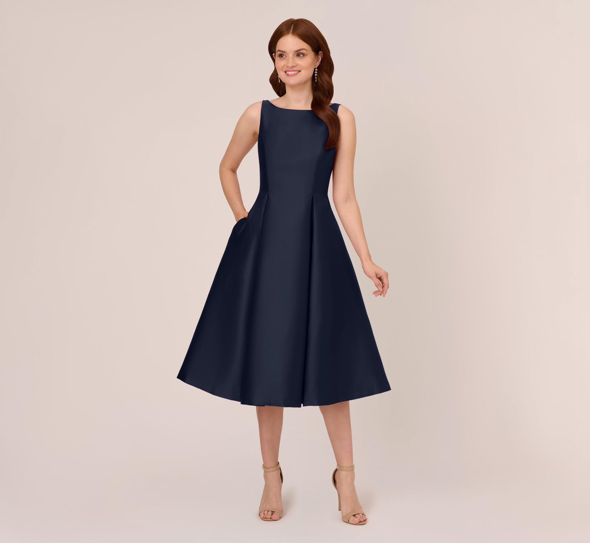 Sleeveless Mikado Fit And Flare Midi Dress With V-Back In Midnight – Adrianna  Papell