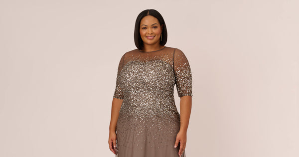 Plus Size Beaded Illusion Gown In Lead Adrianna Papell