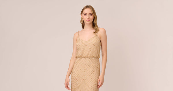 Art Deco Beaded Blouson Gown In Champ Gold Adrianna Papell