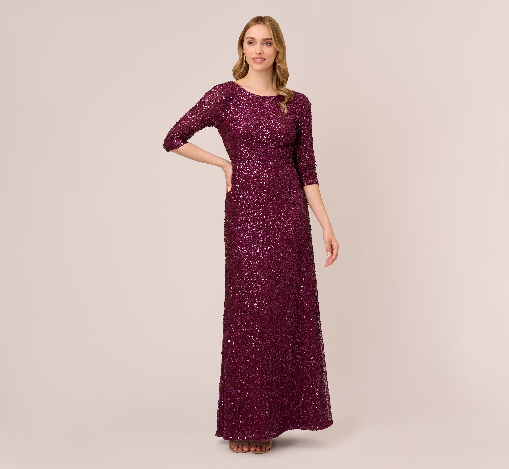 Scoop Back Sequin Gown With Three Quarter Sleeves In Cabernet – Adrianna  Papell