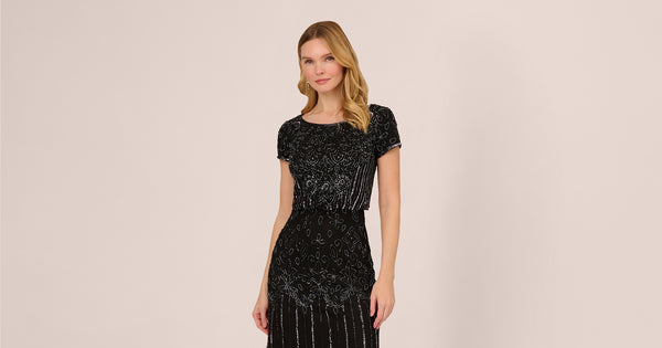 Short Sleeve Blouson Beaded Gown In Black Gunmetal Adrianna Papell