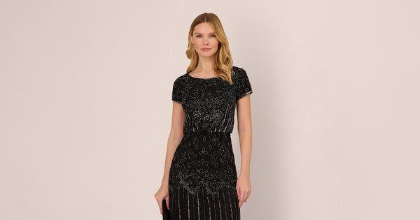 Short Sleeve Blouson Beaded Gown In Black Gunmetal Adrianna Papell