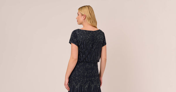 Plus Size Short Sleeve Blouson Beaded Gown In Navy | Adrianna Papell