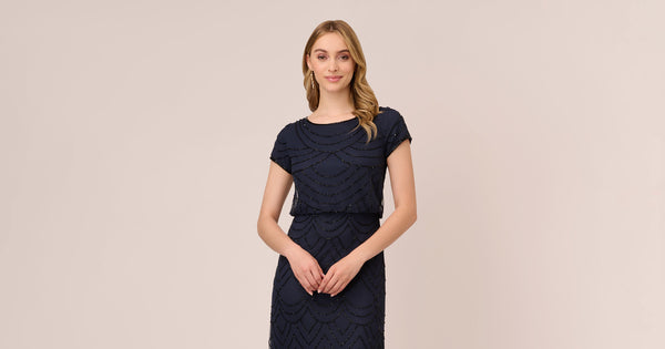 Short Sleeve Beaded Blouson Gown In Navy Black Adrianna Papell