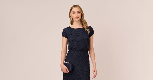 Short Sleeve Beaded Blouson Gown In Navy Black Adrianna Papell