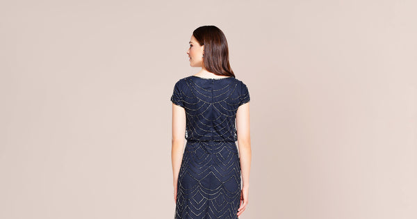 Short Sleeve Beaded Blouson Gown In Navy Adrianna Papell