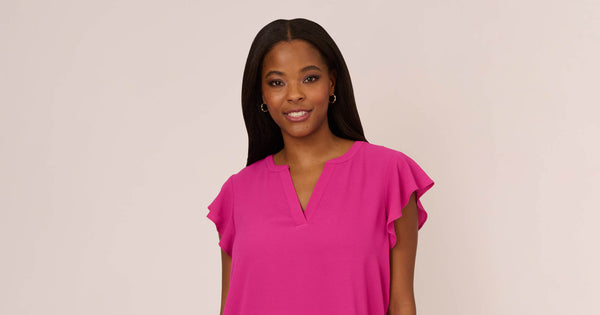 Ruffle Short Sleeve Top With V Neckline In Tropical Fuchsia 