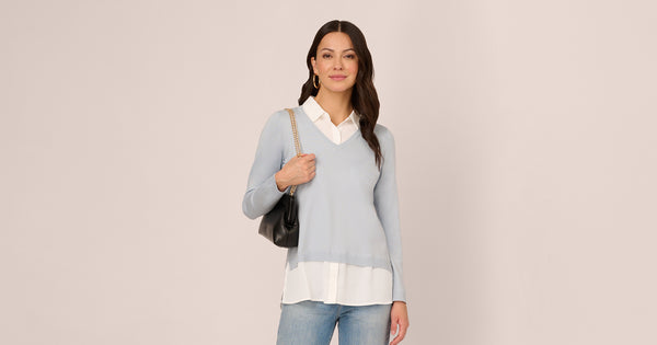 Long Sleeve Twofer Collared Knit Top In Niagara Mist Ivory