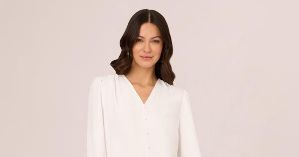 Long Sleeve Covered Button Up Top With V Neck In Ivory | Adrianna