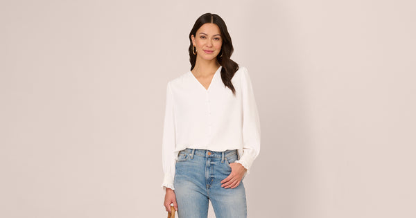 Long Sleeve Covered Button Up Top With V Neck In Ivory | Adrianna