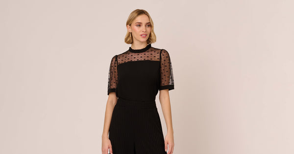 Ruffle Neck Top With Floral Mesh Short Sleeves In Black Adrianna