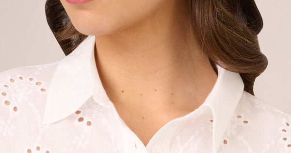 Button Down Eyelet Top With Long Sleeves In White | Adrianna Papell