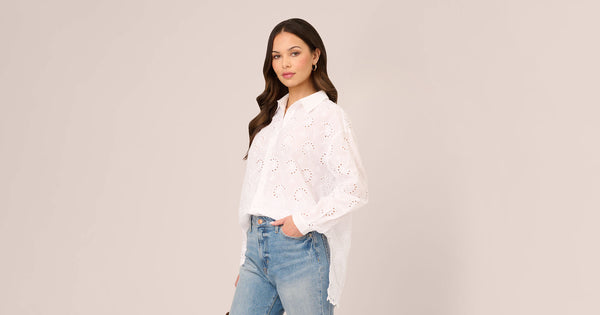 Button Down Eyelet Top With Long Sleeves In White Adrianna Papell