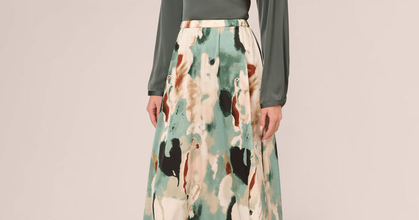 Abstract Print A Line Satin Midi Skirt In Dusty Seafoam Watercolor