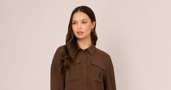 Button Up Utility Shirt With Self Tie Drawstring In Coastal Coffee