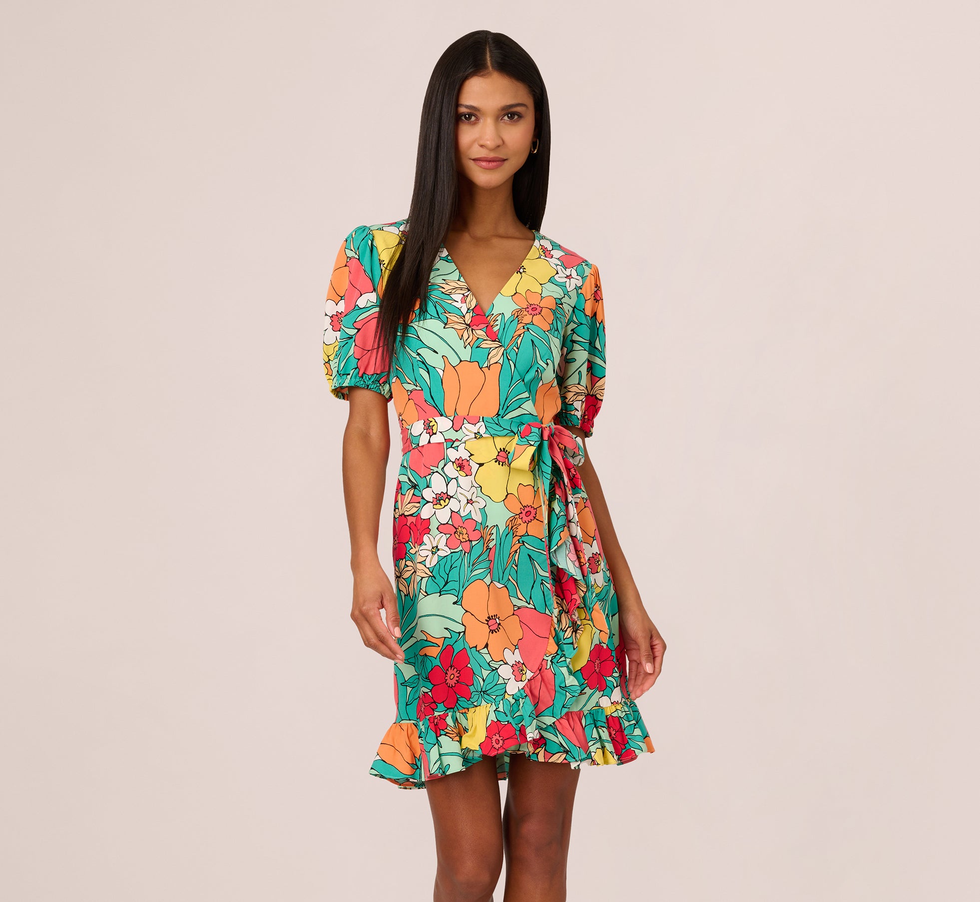 Drawn Floral Print Faux Wrap Dress With Short Sleeves In Aqua Coral Mu –  Adrianna Papell