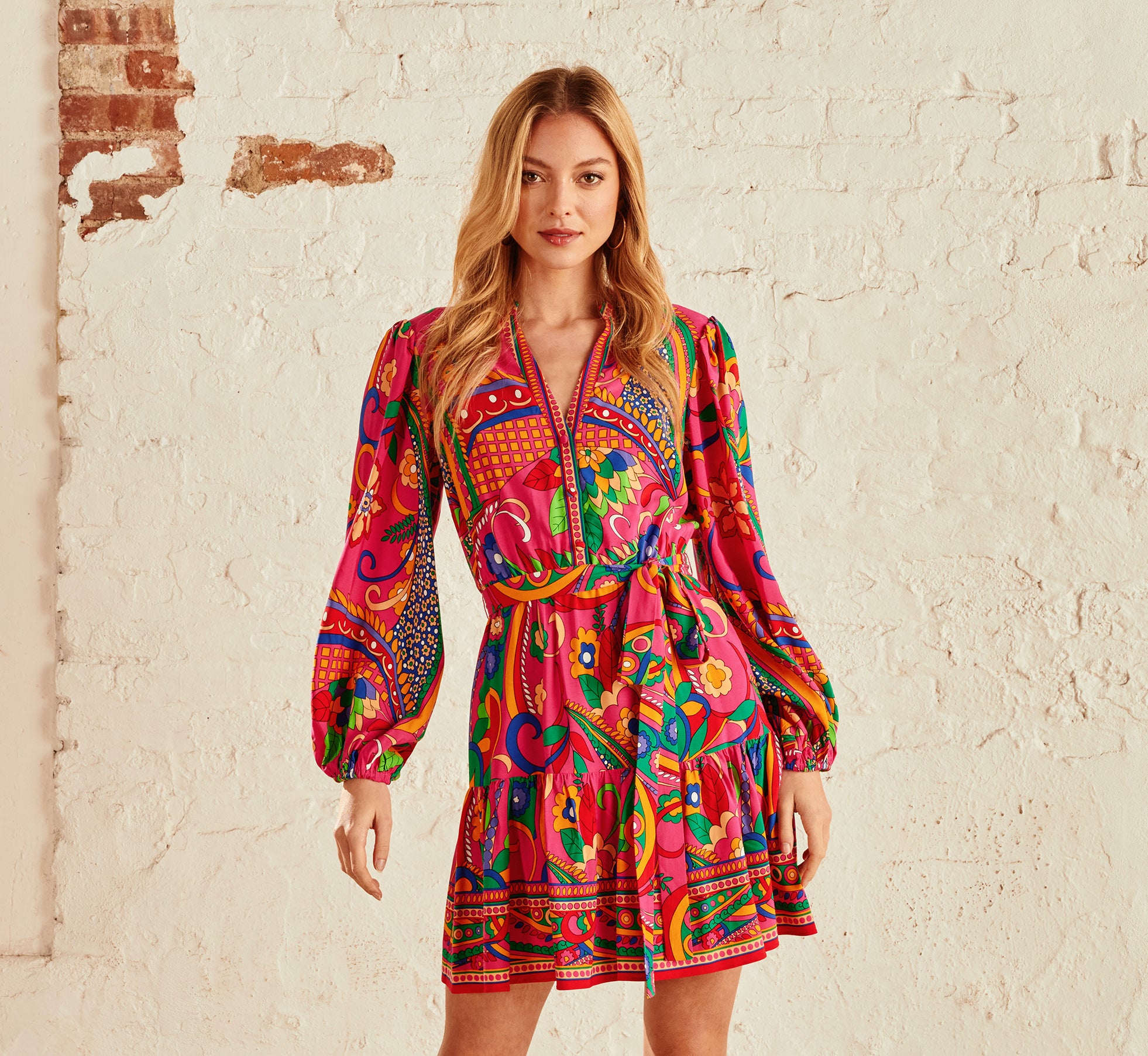 Long Sleeve Retro Printed A Line Dress In Pink Multi – Adrianna Papell