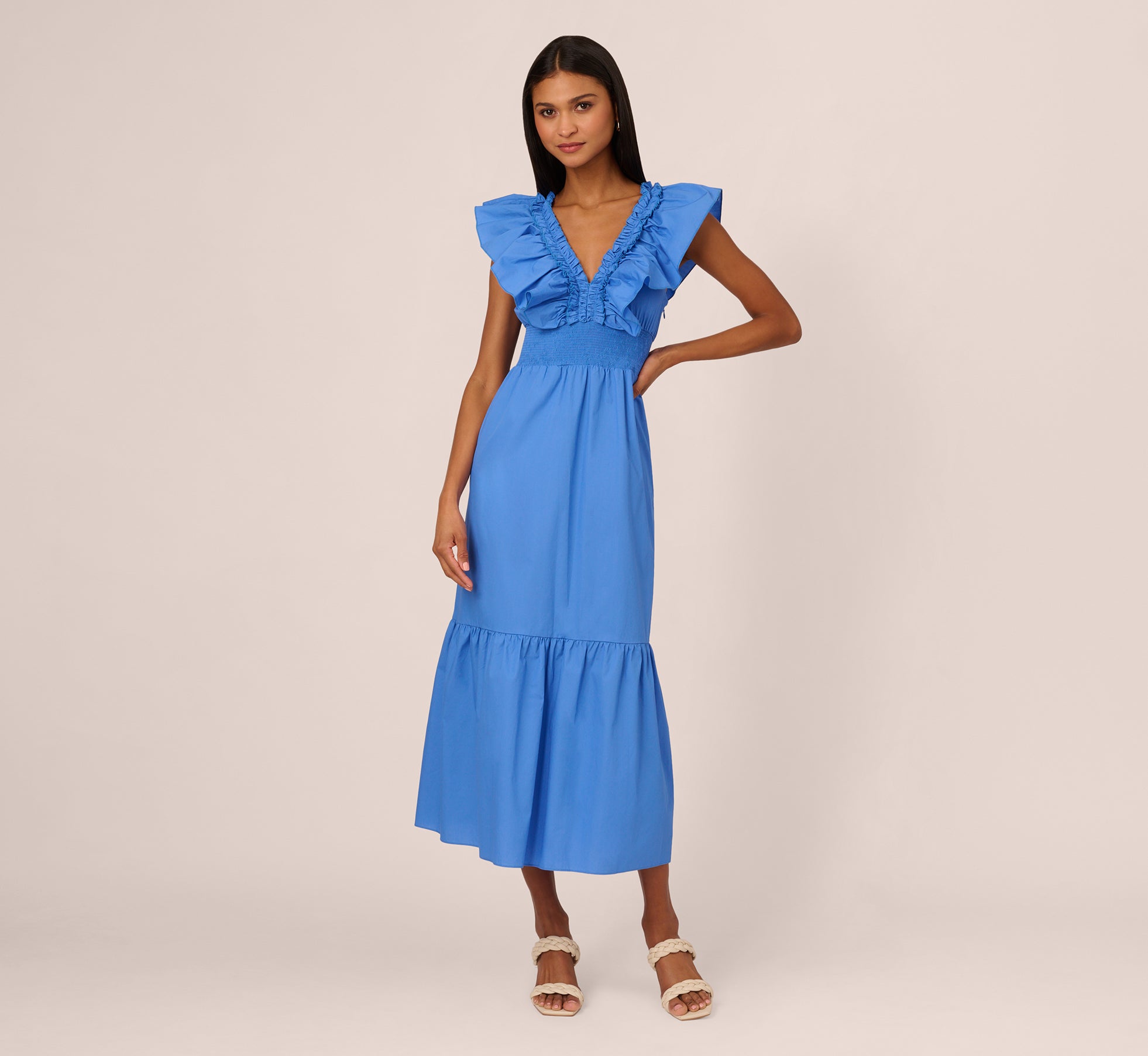 Ruffled Maxi Dress With Shirred Details In Cool Water – Adrianna Papell