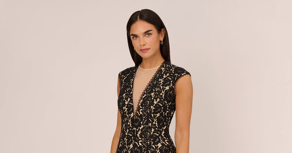 Cap Sleeve Lace Cocktail Dress With Feather Trim In Black Nude