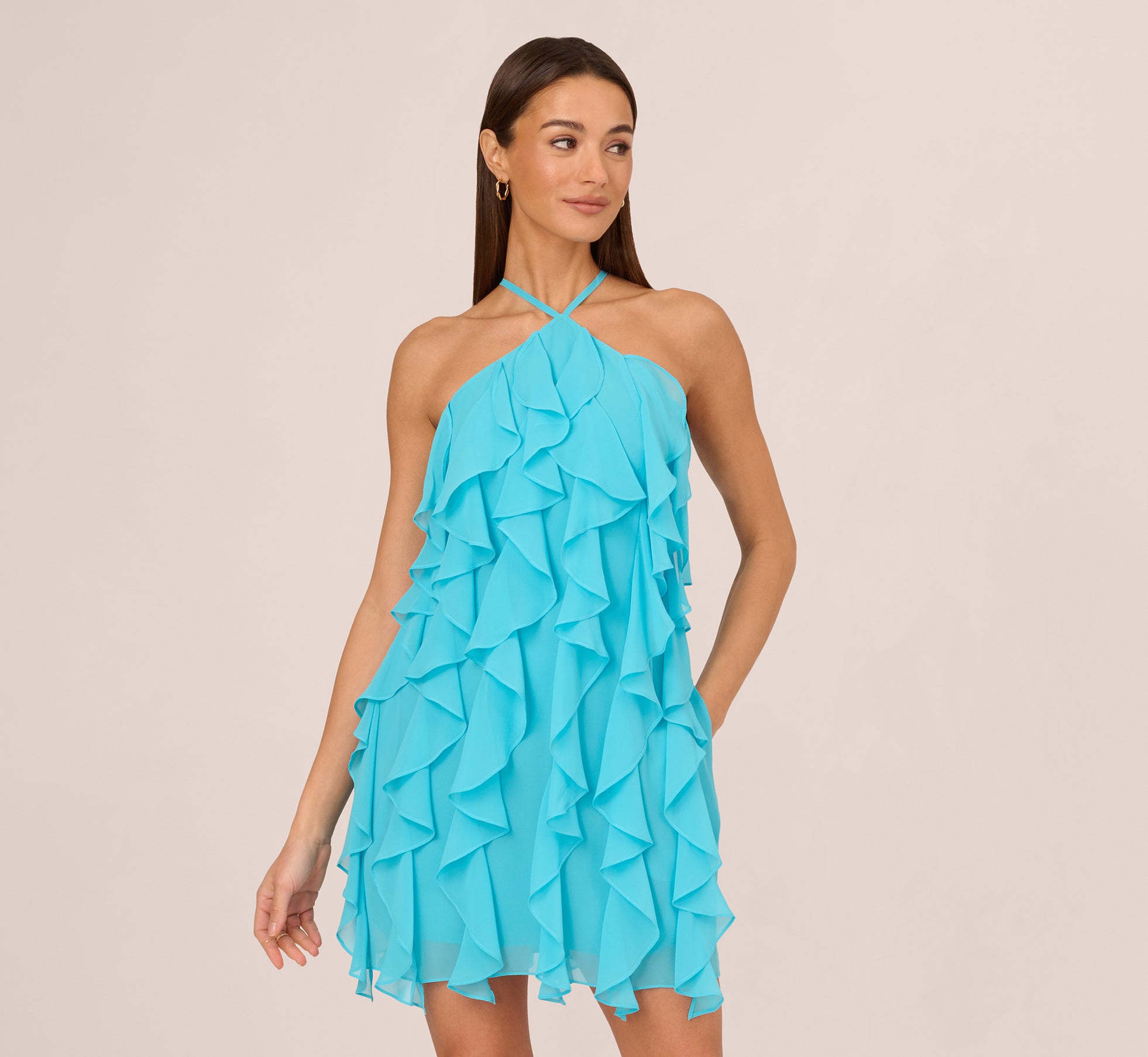 Ruffle Chiffon Halter Dress With Pockets In Azure Blue – Adrianna Papell