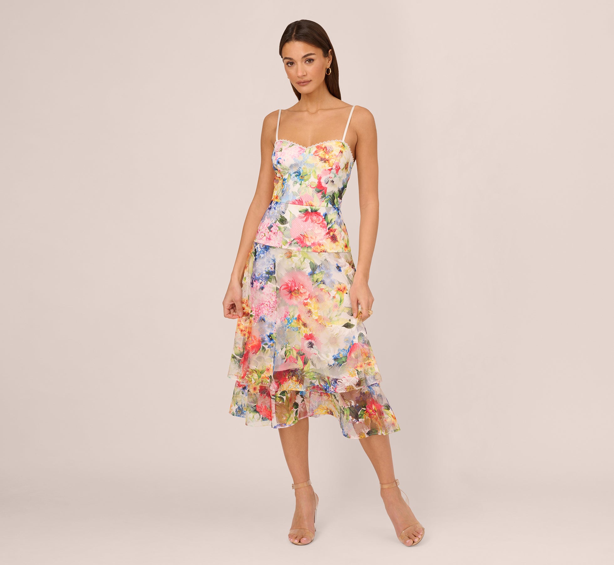 Embroidered Floral Print Midi Dress With Tiered Skirt In Ivory Multi Adrianna Papell