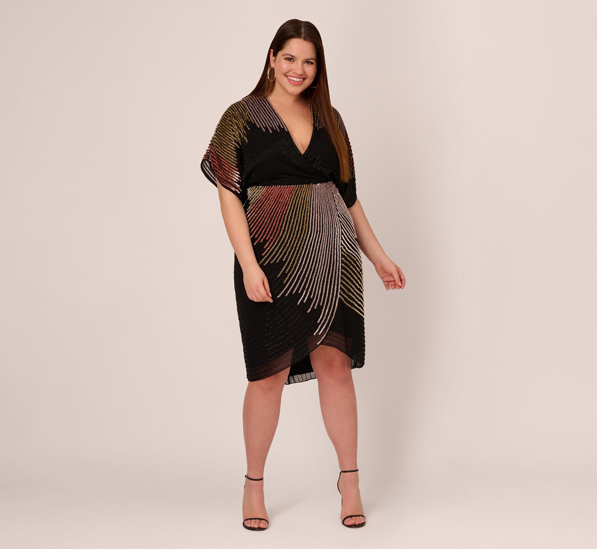 Plus Size Beaded Faux Wrap Dress With Dolman Sleeves In Black Bronze –  Adrianna Papell