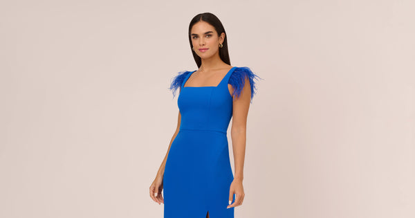 Knit Crepe Midi Dress With Feather Shoulder Accents In Dark Cobalt