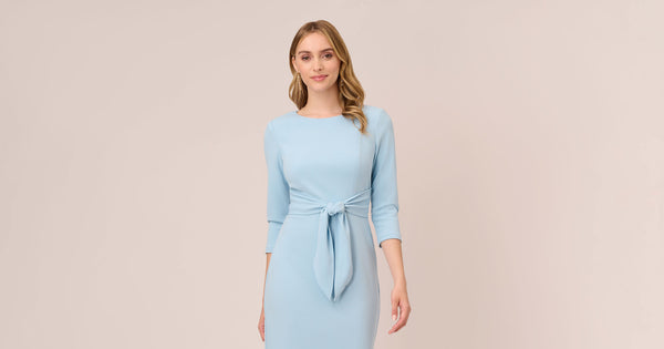 Knit Crepe Bow Sheath Dress With Three Quarter Sleeves In Blue