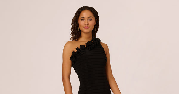 One Shoulder Pintucked Dress With Ruffled Neckline In Black