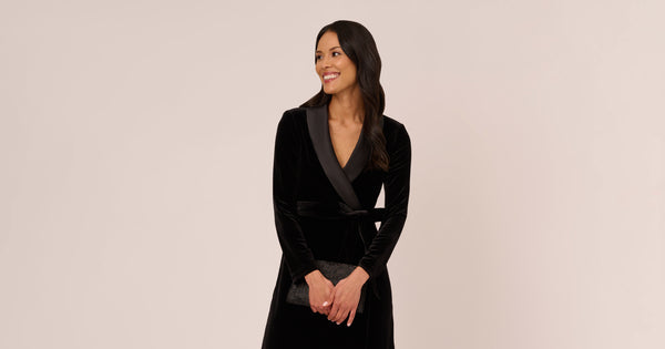 Long Sleeve Velvet Tuxedo Dress In Black Adrianna Papell