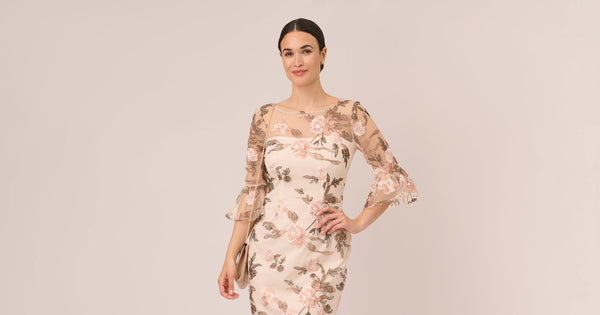 Floral Embroidered Bell Sleeve Sheath Dress In Blush Multi