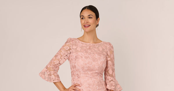 Bell Sleeve Rose Embroidered Sheath Dress In Dusty Rose