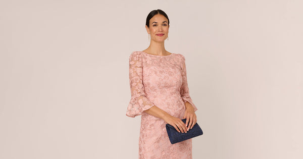 Bell Sleeve Rose Embroidered Sheath Dress In Dusty Rose