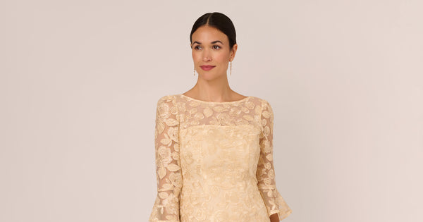 Bell Sleeve Rose Embroidered Sheath Dress In Light Champagne