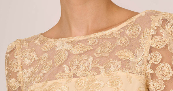 Bell Sleeve Rose Embroidered Sheath Dress In Light Champagne