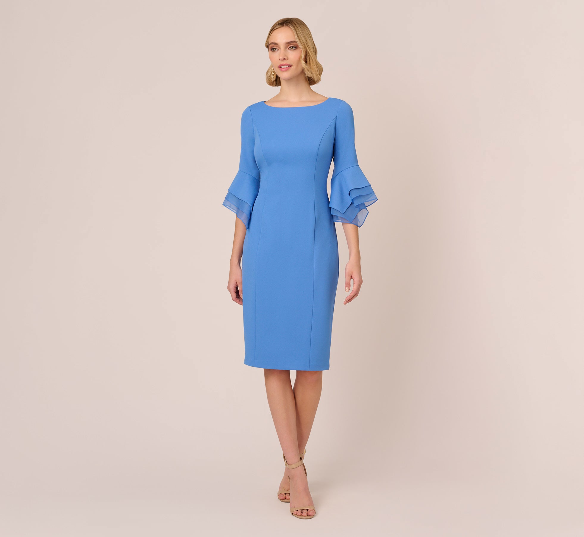 Knit Crepe Sheath Dress With Tiered Three Quarter Sleeves In Cool ...