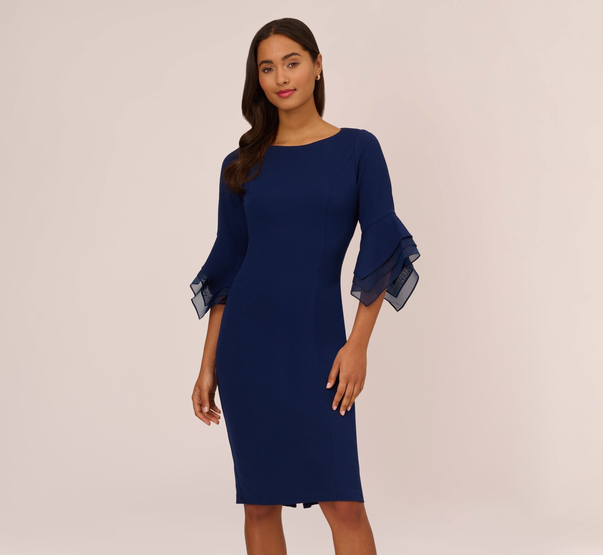 Knit Crepe Sheath Dress With Tiered Three Quarter Sleeves In Navy Sateen -  Navy Sateen / Regular / 4