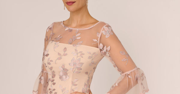 Floral Embroidered Sheath Dress With Scalloped Detail In Champagne