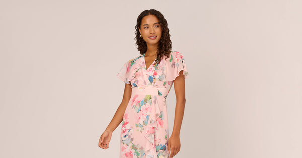 Floral Print Twill Ruffled Midi Length Faux Wrap Dress In Rose