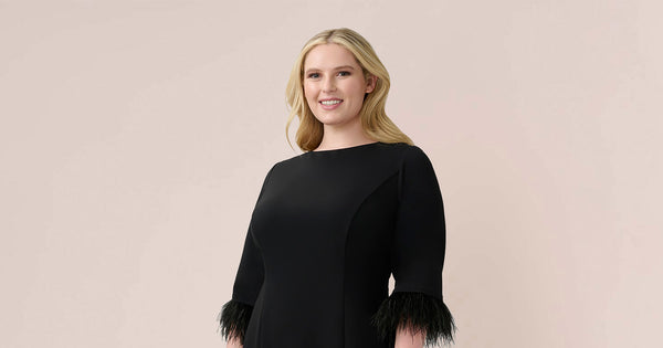 Plus Size Crepe Sheath Dress With V Back And Feather Trim Sleeves