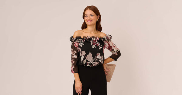 Off The Shoulder Jumpsuit With Floral Embroidered Bodice In Black