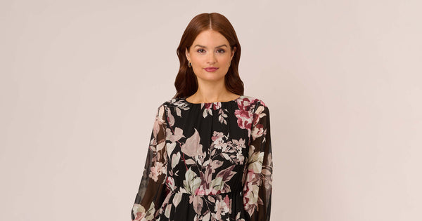 Floral Chiffon Dress With Three Quarter Length Sleeves In Black