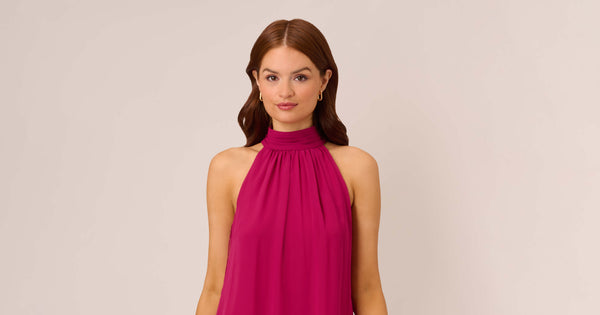 Sleeveless Pleated Chiffon Shift Dress With Mock Neckline In