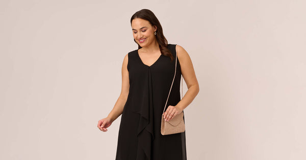 Plus Size Sleeveless Chiffon Dress With Cascading Details In Black