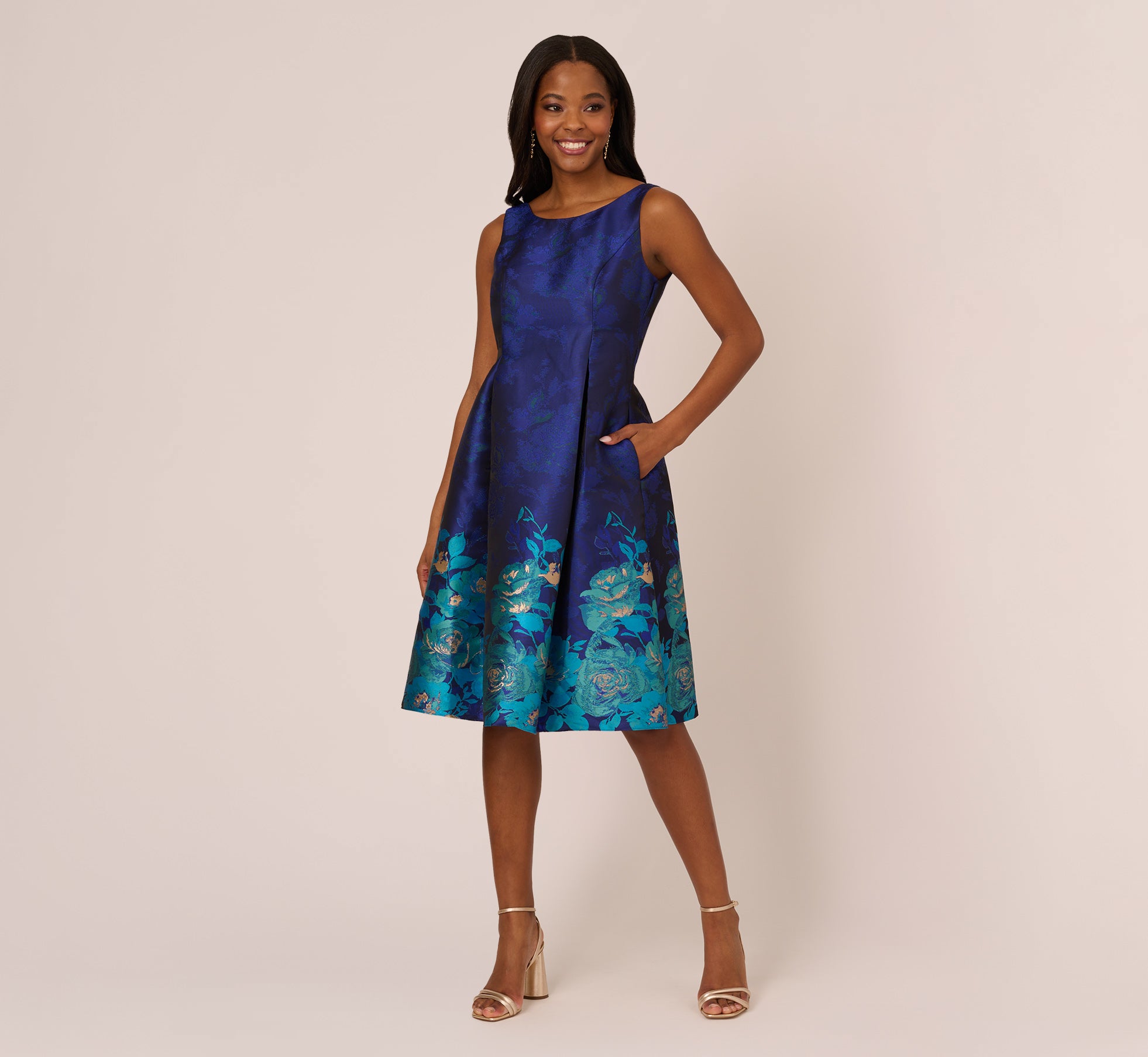 Jacquard Midi Dress With Metallic Floral Trim In Blue Teal Multi – Adrianna  Papell