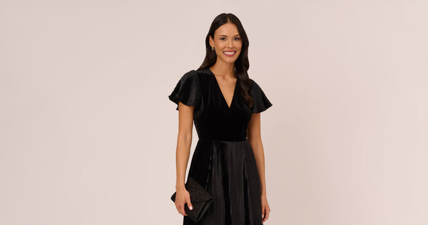 Short Sleeve Velvet Pleated Midi Dress In Black Adrianna Papell