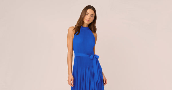 Pleated Sleeveless Chiffon Dress With Tie Waist In Dark Cobalt