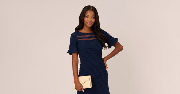 Pintuck Dress With Ruffle Short Sleeves In Midnight Adrianna Papell