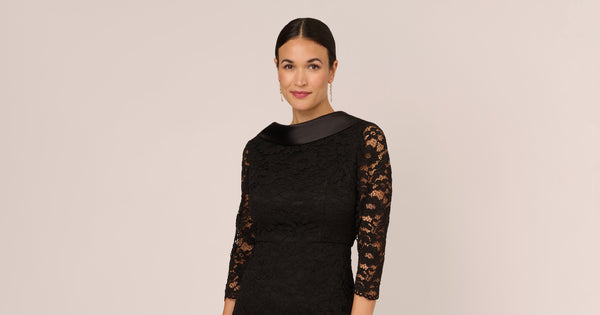 Roll Neck Lace Dress With Sheer Elbow Sleeves In Black Adrianna