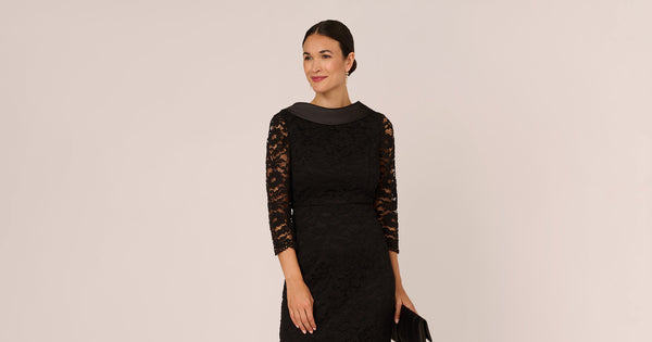 Roll Neck Lace Dress With Sheer Elbow Sleeves In Black